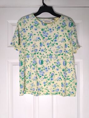 Basic Editions pastel yellow tee with blue and green floral print